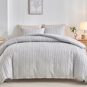 Boho Duvet Cover Striped Textured Duvet Cover Set Tufted Bedding Set  Lightgrey